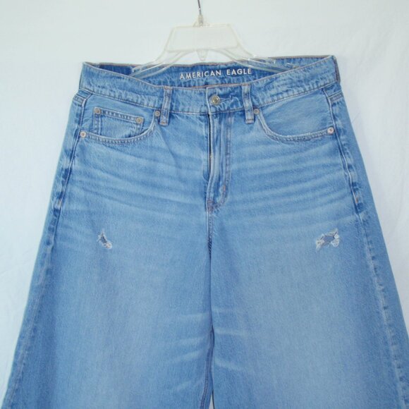 American Eagle Super High Rise Ultra Wide Leg Jeans Sz 6 SHORT Blue Destructed - Picture 2 of 16